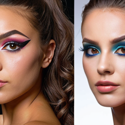 Home 15 ** A dramatic "before and after" makeup transformation showcasing significant skill. Focus on flawless skin, expertly applied eyeliner, and a vibrant color palette. High-quality, professional studio lighting. Emphasis on the artistry and detail work.
**