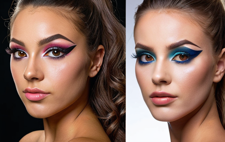 ** A dramatic "before and after" makeup transformation showcasing significant skill. Focus on flawless skin, expertly applied eyeliner, and a vibrant color palette. High-quality, professional studio lighting. Emphasis on the artistry and detail work.
**