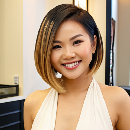 Home 7 **Image Prompt 1:** A stylish Vietnamese woman with a modern, trendy haircut (e.g., a layered bob or balayage highlights) smiling confidently in a bright, clean, modern hair salon setting. Showcase the skill of the hairstylist and the happy customer. Focus on warm lighting and a welcoming atmosphere. The salon should look upscale but approachable. (Keywords: Vietnamese hairstyle, balayage, happy customer, modern salon, professional hairstylist)
