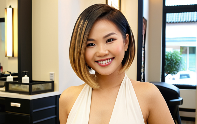 **Image Prompt 1:** A stylish Vietnamese woman with a modern, trendy haircut (e.g., a layered bob or balayage highlights) smiling confidently in a bright, clean, modern hair salon setting. Showcase the skill of the hairstylist and the happy customer. Focus on warm lighting and a welcoming atmosphere. The salon should look upscale but approachable. (Keywords: Vietnamese hairstyle, balayage, happy customer, modern salon, professional hairstylist)